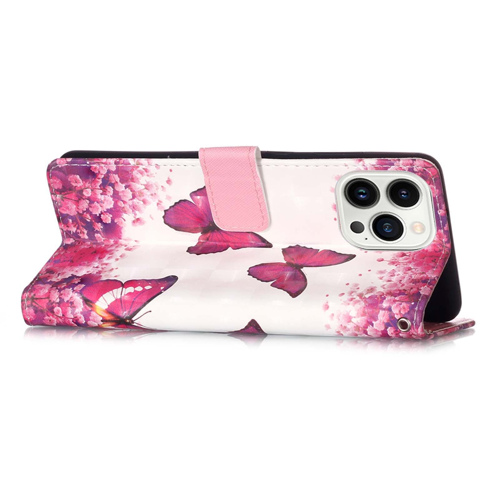 YB Pattern Printing Leather Series-2 for iPhone 15 Pro Max Wallet Phone Case 3D Pattern Printed Stand Cover - Rose Butterflies YB Pattern Printing Leather Series-2 for iPhone 15 Pro Max Wallet Phone Case 3D Pattern Printed Stand Cover - Rose Butterflies